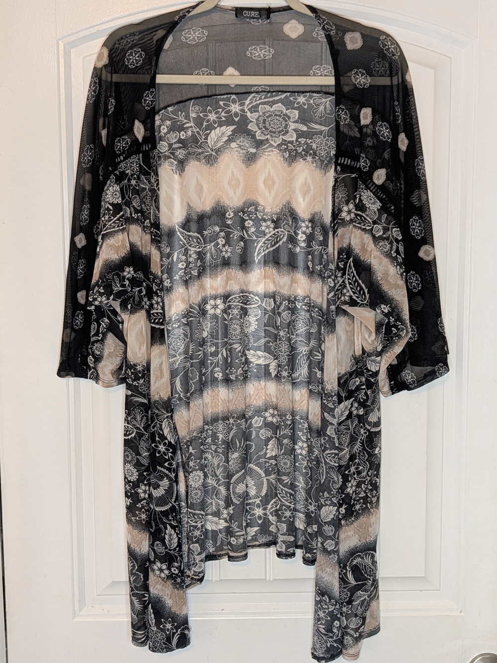 Cure Black and Beige Mesh Bohemian Whimsigoth Open Front Kimono Cardigan